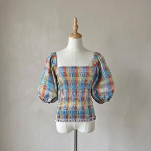 Ganni Puff Sleeve Smocked Top in Pastel Rainbow Plaid | IT32, XS